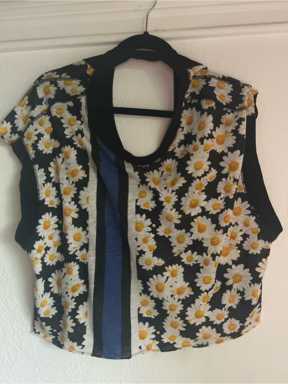 Free People Black and White Daisy Print Top with Yellow Centers and Blue Stripe